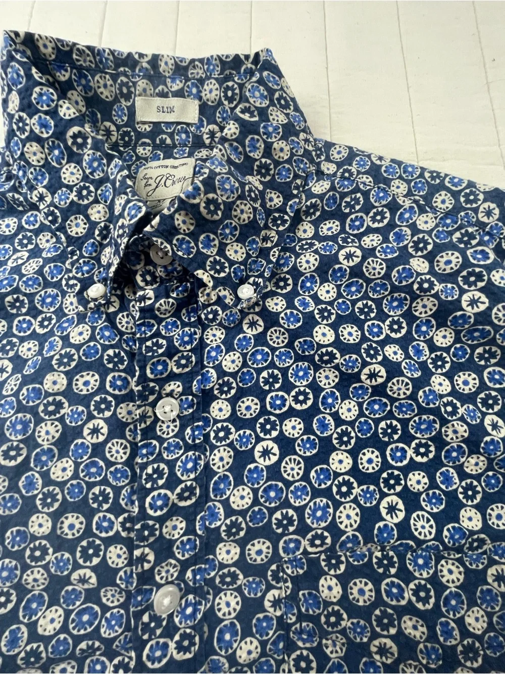 J. Crew Blue and White Printed Cotton Button-Down Shirt Medium